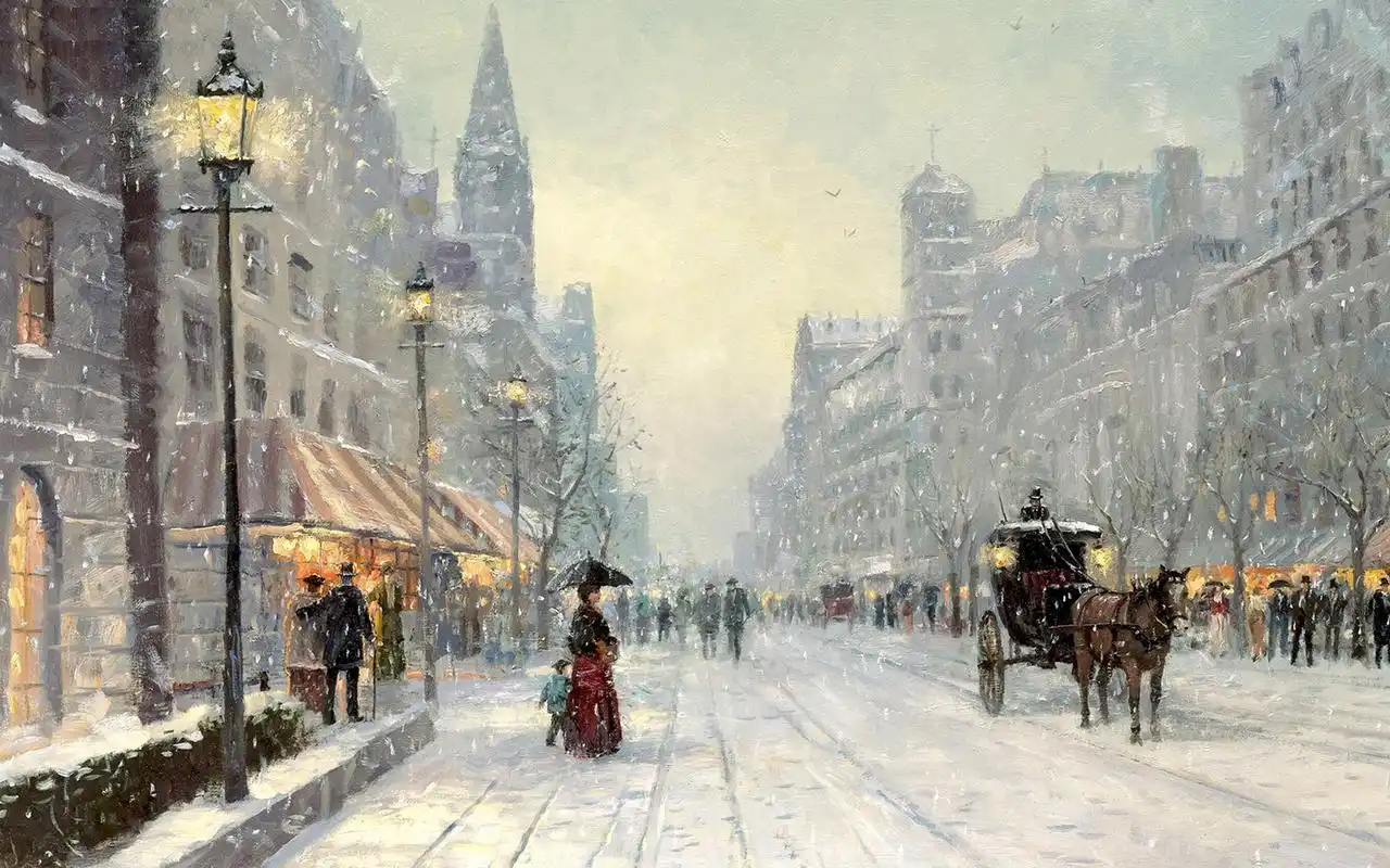 唯美梦幻冬日雪景油画电脑桌面壁纸下载