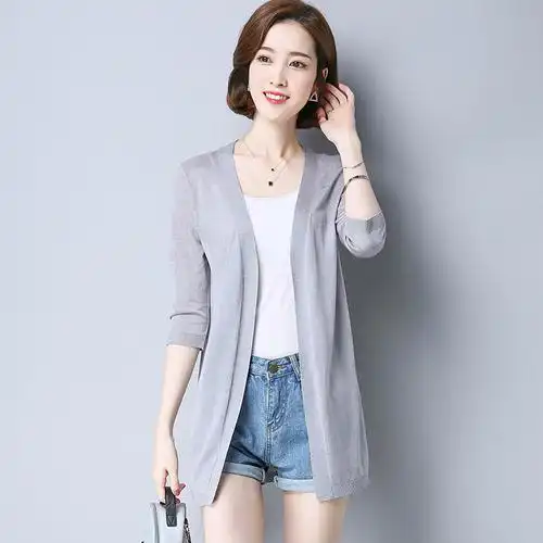 2017夏季新款薄款外搭中长款冰丝针织衫女开衫外套中款披肩空调衫