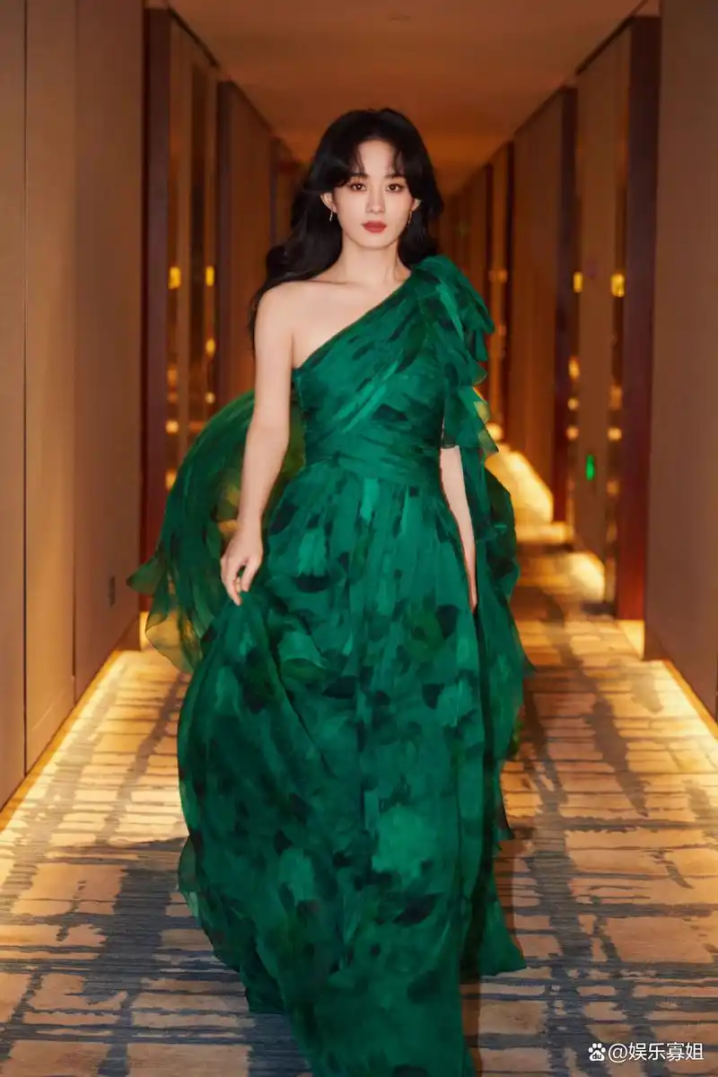 赵丽颖出席网络视听盛典,绿色高定礼裙,轻盈印花薄纱,明眸流盼