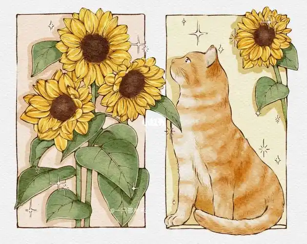 水彩风插画猫咪向日葵治愈系附线稿