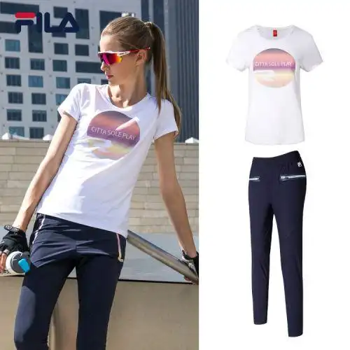 fila斐乐女运动套装2017夏季新款运动服透气运动t恤跑步套装女