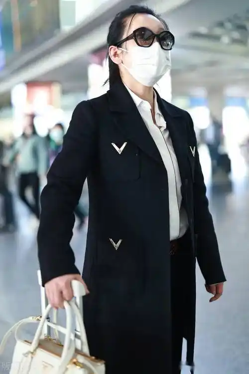 街拍:秦海璐黑色西装大衣 白色衬衫 黑色西裤干练十足_机场_上海