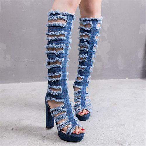 镂空靴子女夏粗跟罗马高筒凉靴女春季新款流苏凉鞋长筒高跟鞋大码