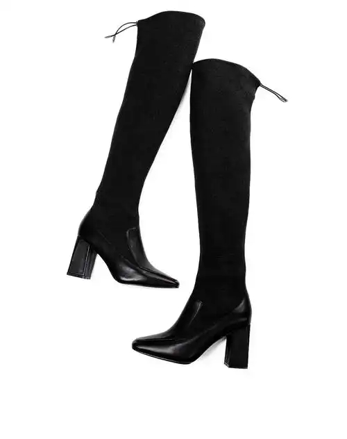 简约舒适 小牛皮拼接黑色毛呢尖头长靴