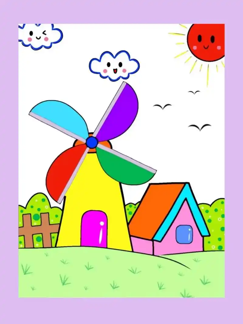 风车房子主题画.#简笔画 一起来画漂亮的风车房子吧!#画画 - 抖音