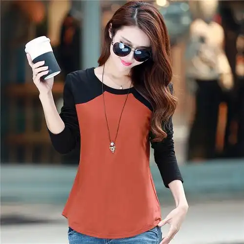 2016秋季新款时尚百搭拼接t恤衫女士上衣修身长袖纯棉打底衫包邮