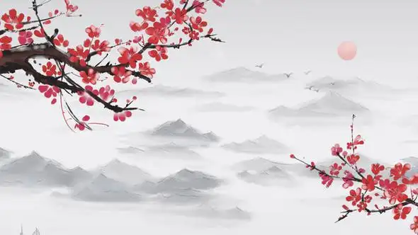 山水梅花水墨风景古风插画