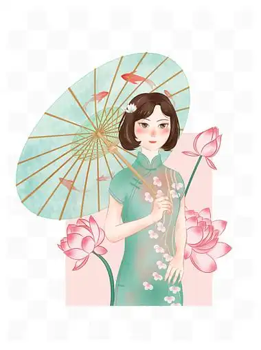 传统中 i> i>国 /i> /i>风雨伞旗袍 i>美 /i>少女荷花烟雨江南手绘