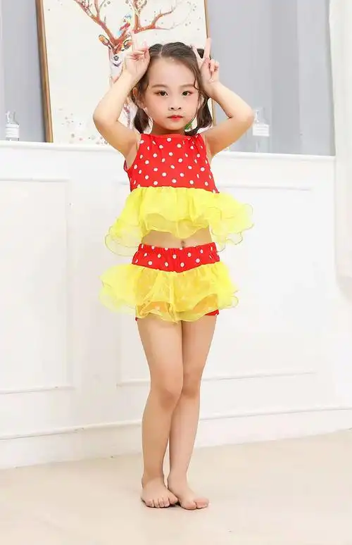 新款儿童泳衣女童学生小女孩分体两件套平角网纱可爱公主温泉泳装