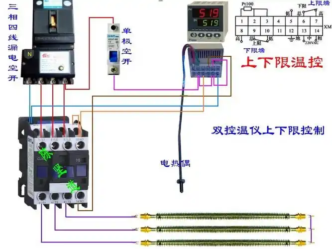 你好,帮我画一个上下限的温控器和接触器电路图