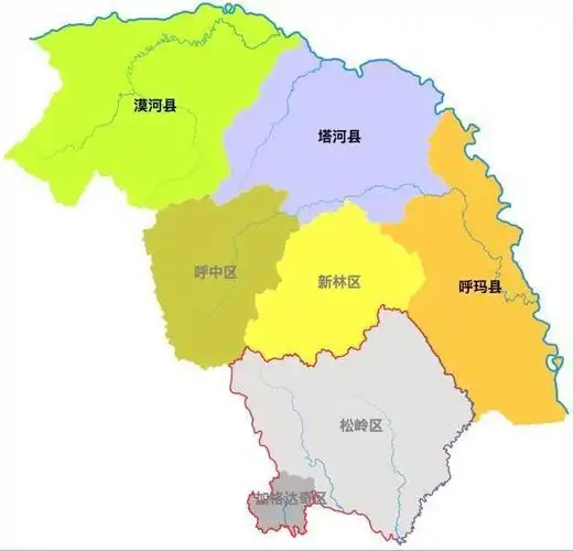 呼中,新林二区是在黑龙江地界以内,但全国通行的标准行政区划地图中