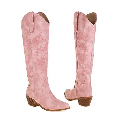 粉色高筒靴时装靴子民族风刺绣骑士靴粗中跟大码时装靴