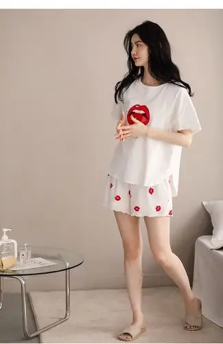 可爱睡衣女士夏天薄款棉短袖短裤套装圆领可外穿家居服 d33046 图片色