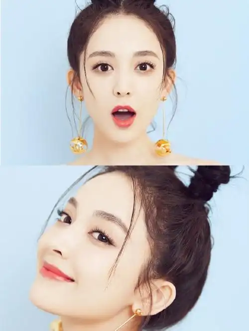 古力娜扎的绝美大片精致五官俏皮哪吒头金色大圆球耳环吸睛