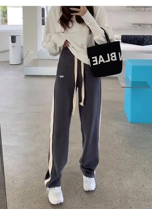 运动裤女春秋款2024新款高腰垂感显瘦阔腿裤宽松直筒夏季休闲裤k - 17