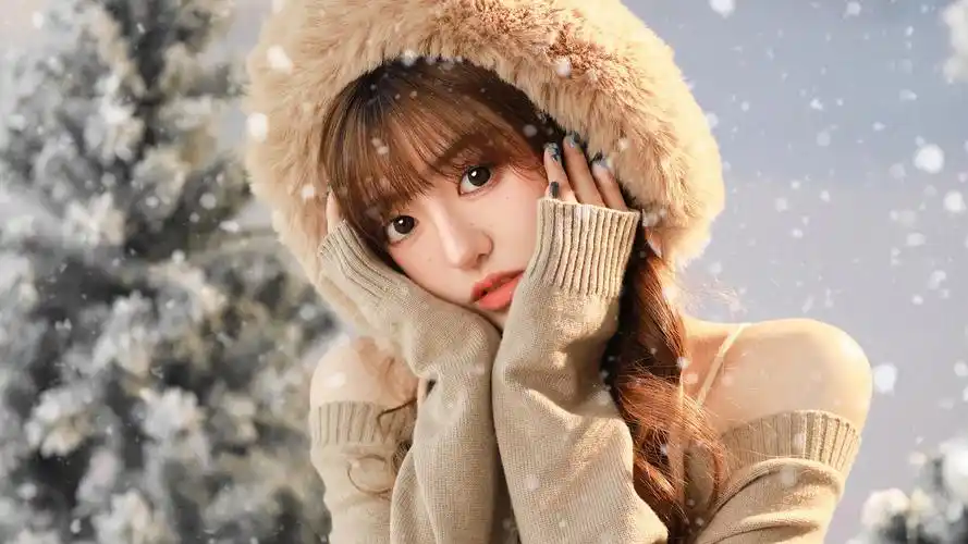 可爱圣诞美女 帽子 毛衣 雪花 高清 电脑壁纸