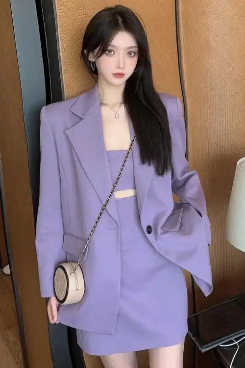 小西装外套女中长款宽松英伦风紫色韩版薄款西服上衣2022早秋新款吊带