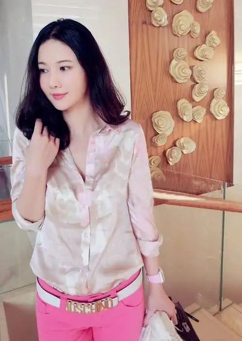 刘钰懿纺春秋季2015新款粉色碎花弹力真丝衬衣百搭碎花衬衫女潮流