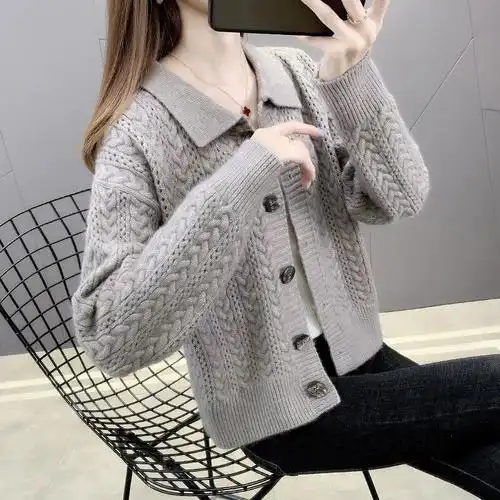 麻花短款针织开衫女2021年新款春秋女士外搭减龄小个子毛衣女外套