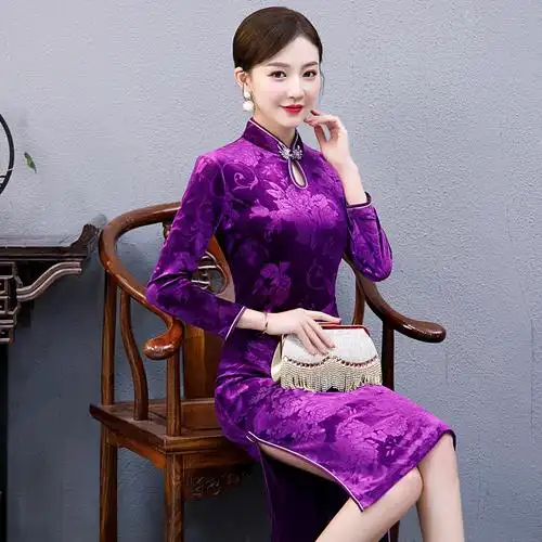 旗袍2021年新款中长妈妈改良连衣裙气质优雅紫色旗袍
