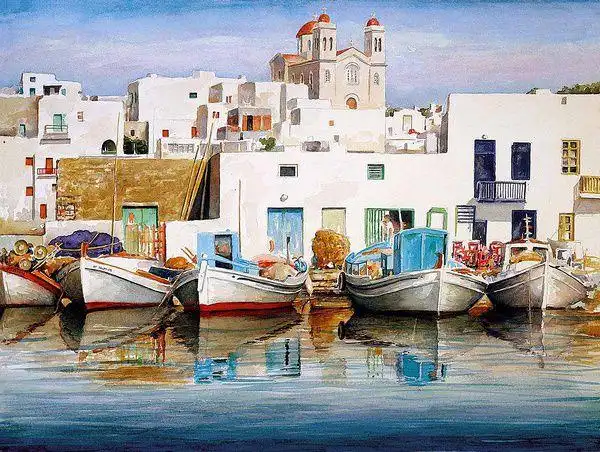 希腊艺术家panteliszografos水彩笔描绘希腊爱琴海美丽海岸风光