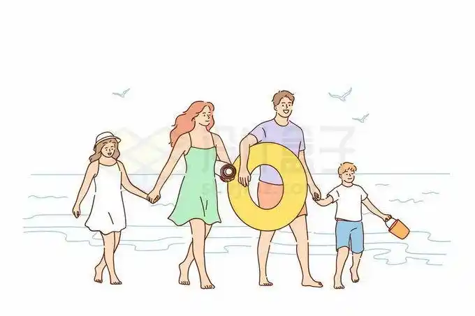 一家四口手牵手在海边游玩手嫦咛醪寤9135116矢量图片免抠素材免费