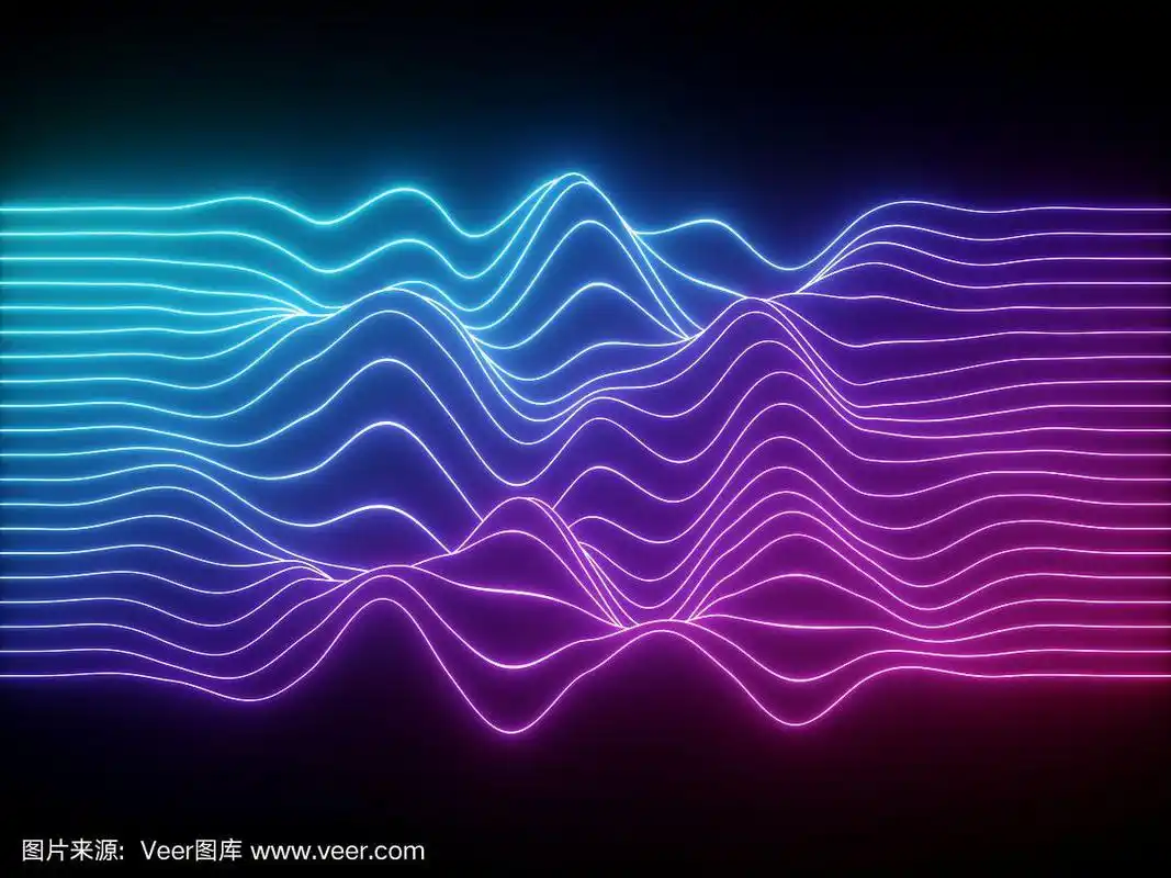 3d渲染,粉蓝色波浪霓虹线,电子音乐虚拟均衡器,声波可视化,紫外光抽象