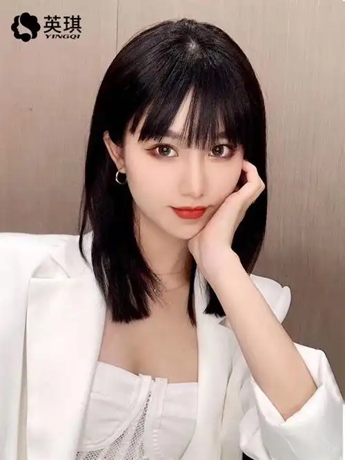 发丝自然漫画英琪假发女中长发刘海全头套式真人中长直发网红发型