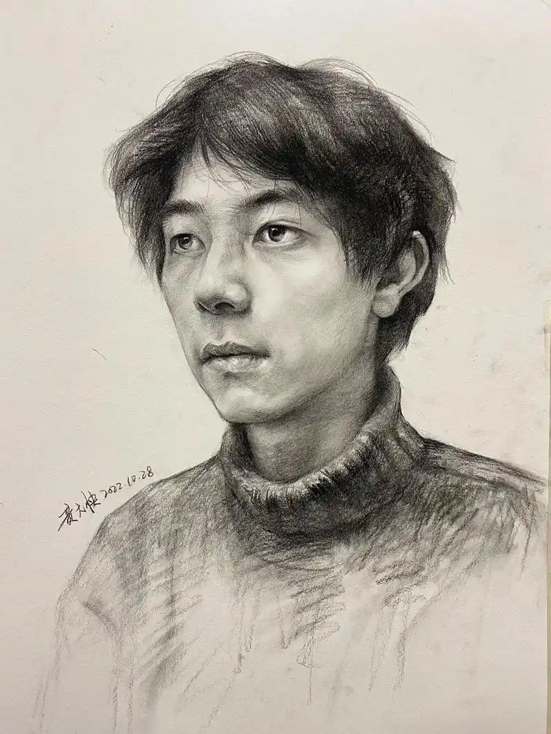 素描头像四分之三侧男青年照片写生