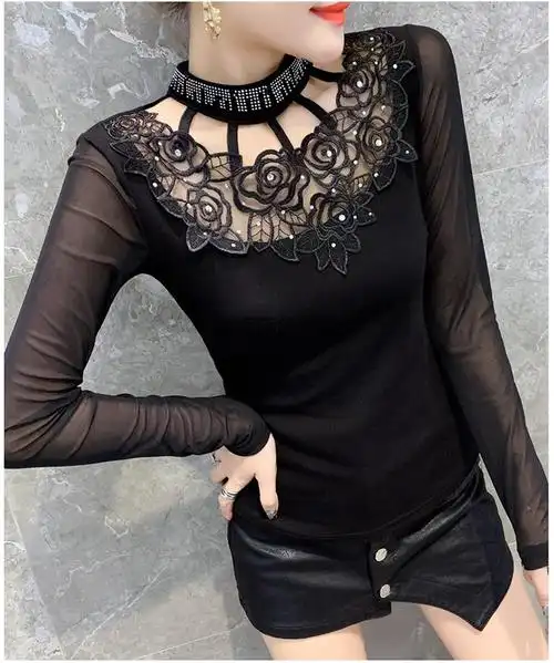 性感雷丝打底衫溥款网纱透视内搭女蕾丝秋冬新款镂空上衣长袖t恤修身