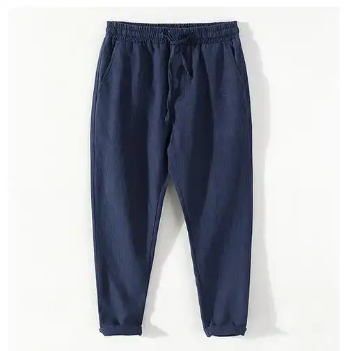 lisse夏季新款男士中腰苎麻裤子系绳松紧腰棉麻料透气休闲九分裤 宝