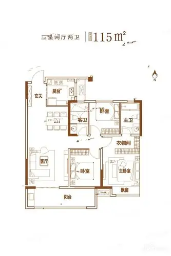 长葛康桥悦溪棠115㎡三室两厅两卫户型图_首付金额_3室2厅2卫_114.