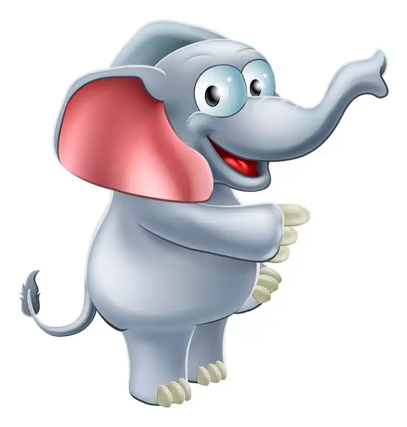 指向的大象,举例说明可爱开心笑脸卡通大象站和指向