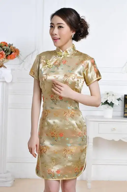 龙凤短旗袍 女士唐装夏装礼服斜襟短袖织锦缎演出服旗袍裙
