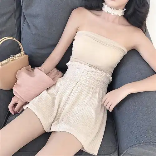 复古韩国chic温柔色堆叠网纱抹胸 钩花木耳边短裤 褶皱花边衬衫女