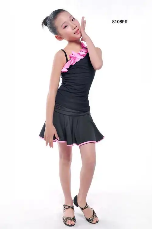 拉丁舞夏季粉色棉肩女童裙表演l少儿套装吊带服——tb285424624的小店