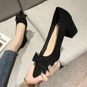 阿猫顿黑色绒面高跟鞋女粗跟3cm5公分久站学生正装面试职业工作黑色5