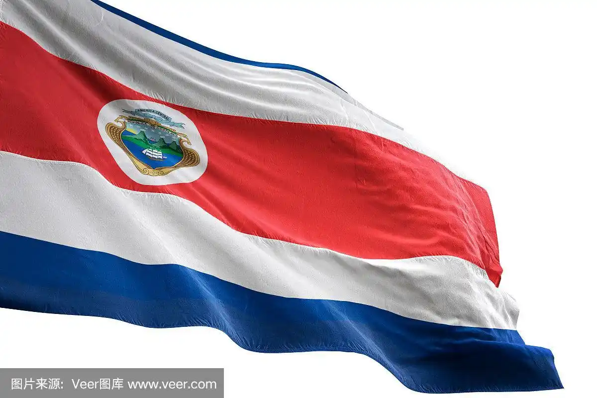 哥斯达黎加国旗近距离挥舞孤立的白色背景