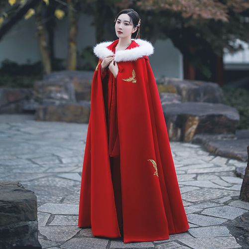 hawit冬季汉服保暖大斗篷汉服古装披风斗篷古风成人冬红色女加厚结婚