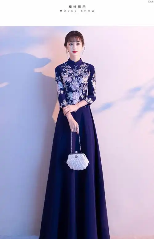 礼仪服装中国风女祺袍晚礼服女2020新款宴会主持人中式秋冬年会礼服