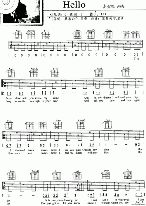 hello 吉他谱_吉他曲谱