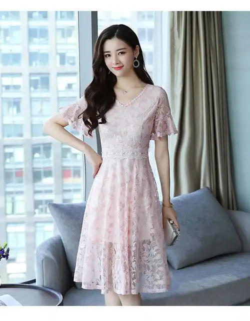 2018夏季新款蕾丝连衣裙子女夏天中长款甜美气质韩版修身显瘦胖mm