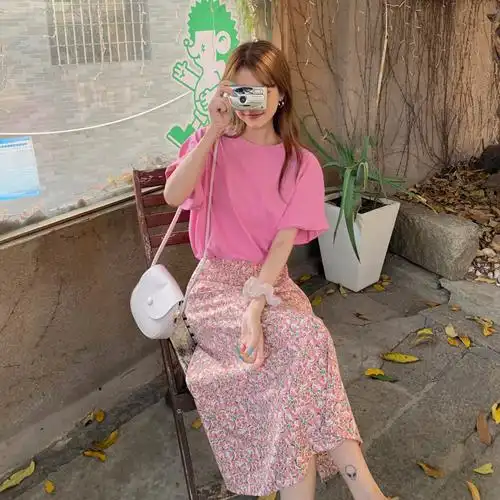 夏季2023新款粉色碎花半身裙女 - 17网