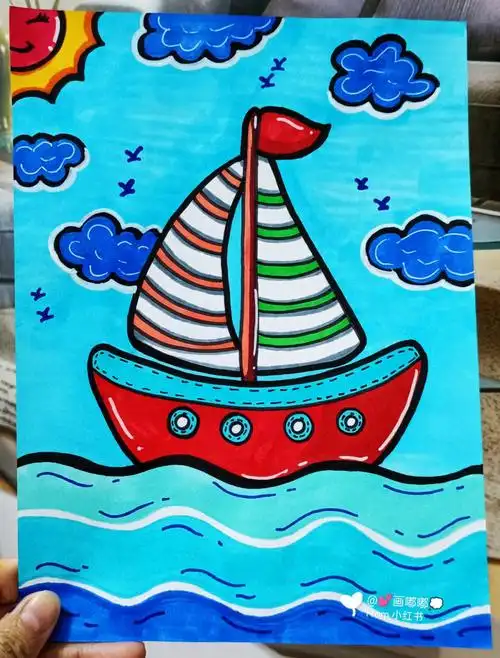 海面上的帆船儿童马克笔绘画