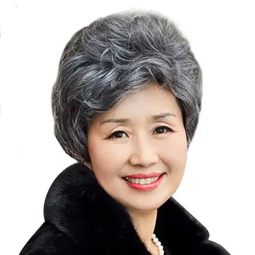 假发奶奶蓬松花白短卷发80岁老人头套白色真发日常整顶假发