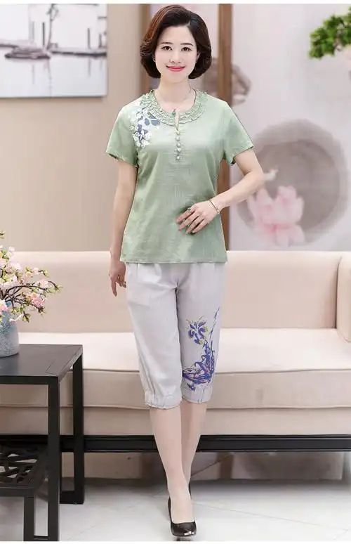 中老年女装40-50岁妈妈装夏装上衣两件套夏季中年妇女短袖套装_句号