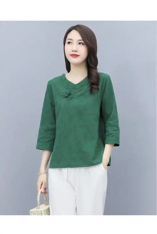 棉麻恤女短袖夏季宽松百搭领半袖体恤衫复古盘扣文艺范亚麻上衣绿色l