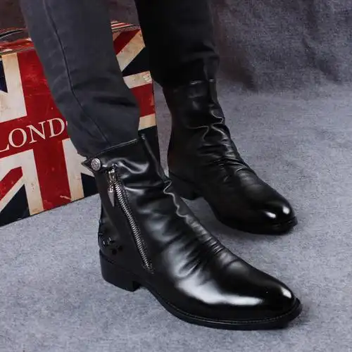 马丁靴男士尖头皮靴韩版潮流发型师短靴骑士靴高帮皮鞋增高男靴子