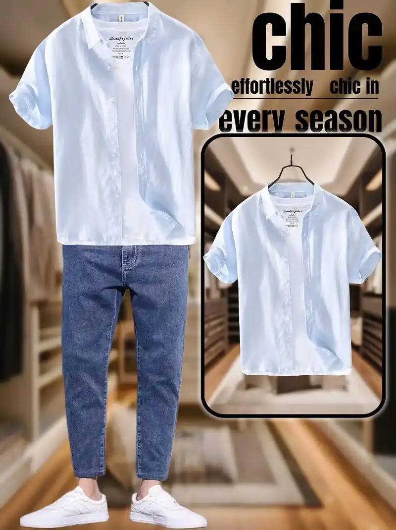 真维斯夏季日系立领薄款高档亚麻衬衫男短袖,宽松休闲