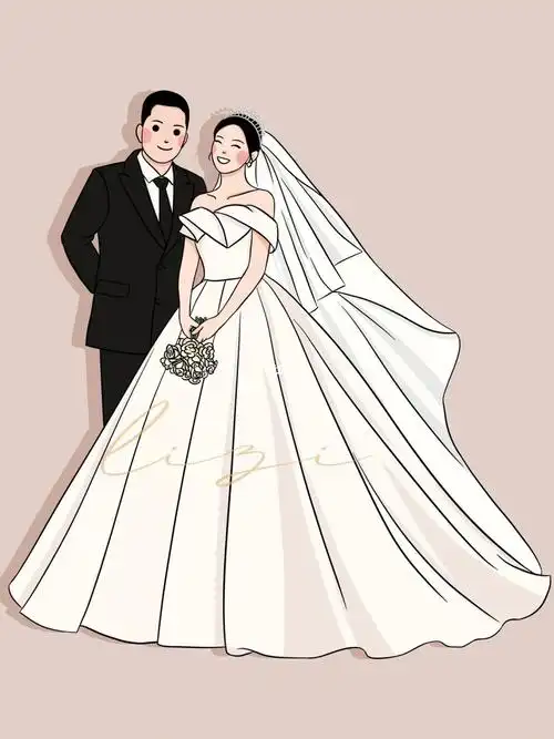客稿手绘线条卡通风婚纱照婚礼迎宾牌